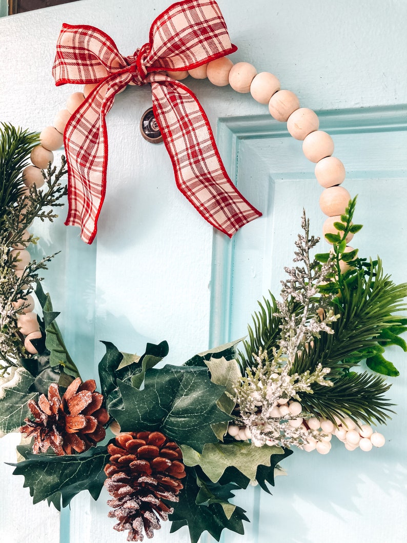 Holiday Wood Bead Hoop Wreath Christmas Floral Hoop Wreath Etsy