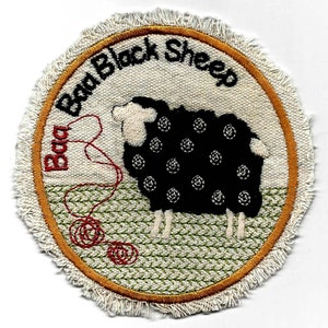 May include: Embroidered patch with a black sheep design. The sheep has a black body with white polka dots and a white face. The patch has a cream-colored background with the words "Bad Black Sheep" in a circular pattern. A red thread is also included.