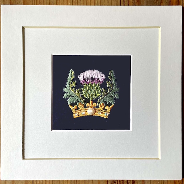 Scots Thistle and crown on felt with twinkles, double  matted  embroidery