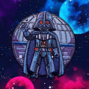 May include: Embroidered patch of Darth Vader in a stylized design. The patch is mainly blue with black accents and red details. The character is set against a backdrop of a planet and a space-themed background with pink and blue celestial bodies.