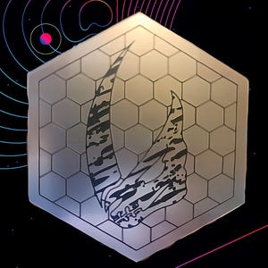 May include: A hexagonal design with a honeycomb pattern and a stylized black and white horn illustration. The background is black with colorful, curved lines and a small, round, pink and blue shape.