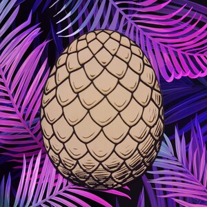 May include: A beige, egg-shaped object with a scale-like pattern, set against a backdrop of vibrant purple and blue tropical leaves. The artwork has a digital illustration style, with a dark background.