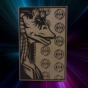 May include: A rectangular, black and tan artwork featuring a stylized profile of a character with large eyes and a long snout. The background is tan with repeating black oval designs. The artwork is set against a vibrant, space-themed background.