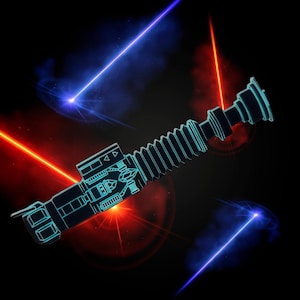 May include: A cyan-colored wireframe illustration of a lightsaber hilt set against a black background. The design features a ribbed grip, a control box with geometric details, and a flared pommel, surrounded by glowing red and blue laser beams.