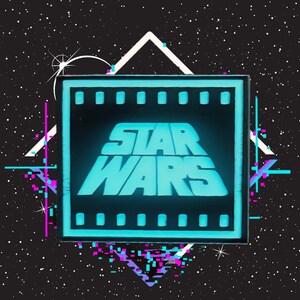 May include: A square enamel pin featuring the Star Wars logo in glowing cyan blue against a black background. The design is framed by a film strip border with rectangular perforations. The pin is set against a black background with white stars.