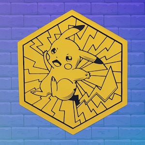 May include: A yellow Pikachu coin with a hexagonal shape. The coin features a cartoon Pikachu character in the center, surrounded by a lightning bolt design. The background is a blue brick wall.