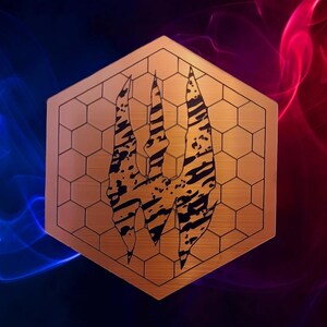 May include: A hexagonal, copper-colored emblem featuring a black claw design. The emblem has a honeycomb pattern in the background. The background has blue and red smoky effects.