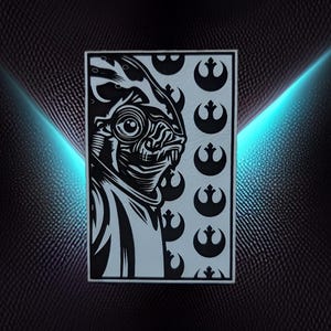 May include: Black and white graphic of a character from a science fiction film. The image features a detailed portrait on a light gray background with repeating symbols. The background is a dark, textured surface with blue light accents.