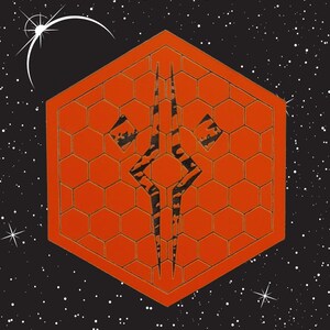May include: An orange, hexagonal graphic with a black and gray symbol, set against a starry black background. The symbol has a central vertical element and two angled elements. A white crescent and starburst are in the upper left corner.