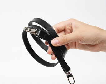 Black Leather Handbag Strap - Black Crossbody Strap Black Leather Long Replacement Strap for Bags 35&quot; or 47&quot; - Silver hardware  90x1,5 cm