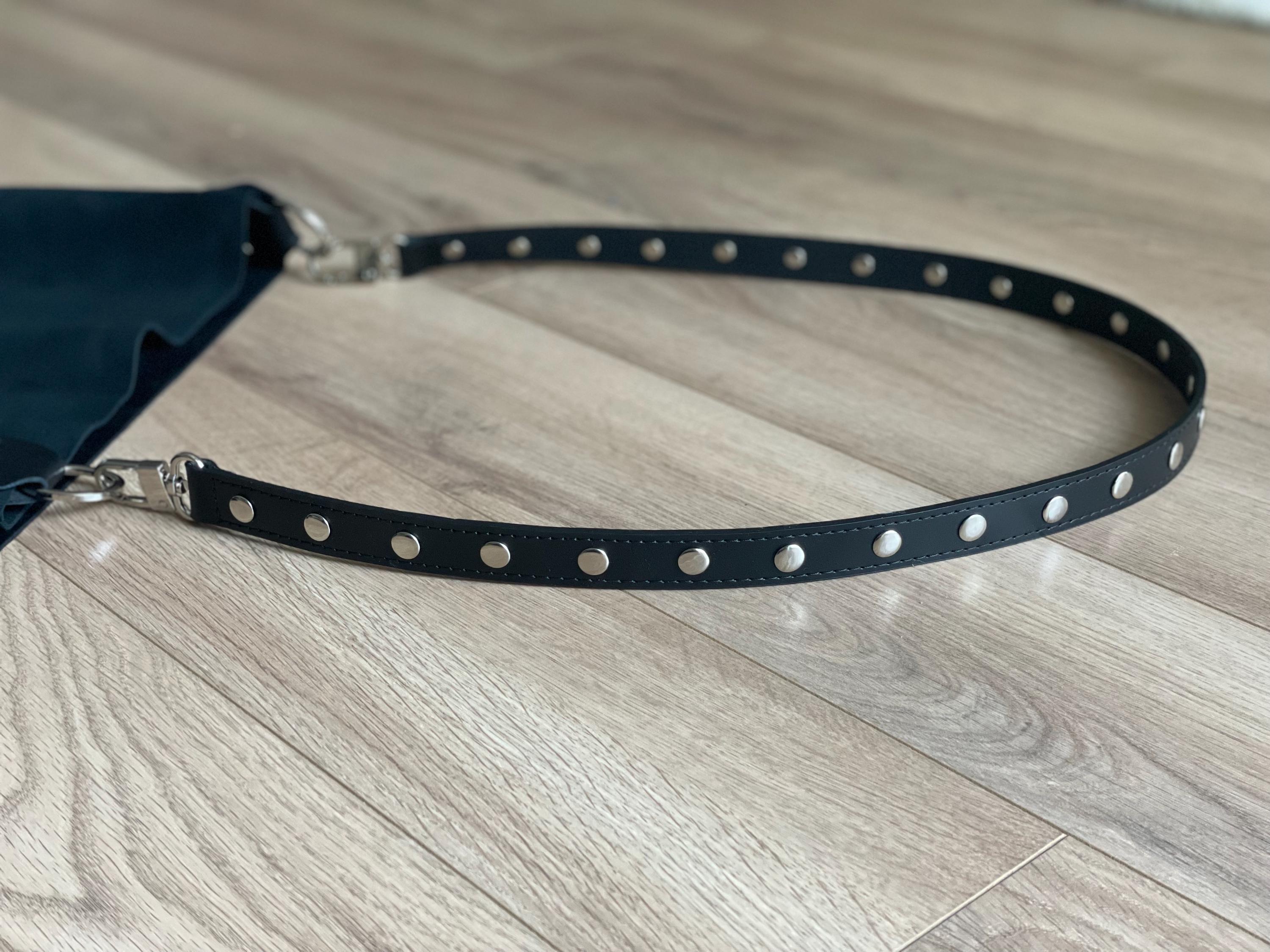 Black and Silver shoulder strap, replacement strap, black leather shoulder strap, elegant handbag strap, studded leather shoulder strap