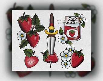 Strawberry Tattoo Flash Sheet - Etsy