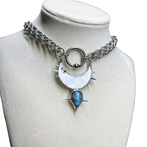 Chainmaille Spiked Witchy Soft Soldered Labradorite and Pearl Moon Pendant Statement Choker