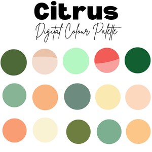 May include: A digital color palette with the title "Citrus" featuring 24 color swatches in shades of green, peach, yellow, cream, and pink.