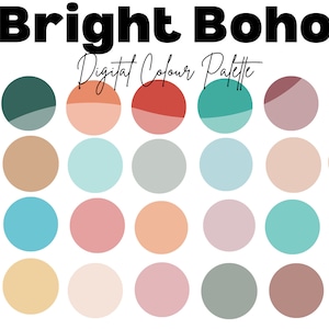 May include: A digital color palette with 36 circles in various shades of peach, pink, brown, teal, gray, and beige. The text "Bright Boho Digital Colour Palette" is at the top of the image.
