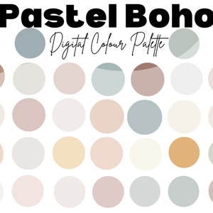 May include: A digital color palette with 36 circles in various shades of beige, brown, cream, and light blue. The text "Pastel Boho Digital Colour Palette" is at the top of the image.