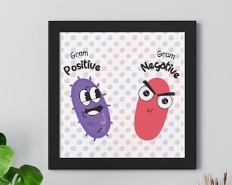 Póster enmarcado de microbiología divertida: bacterias grampositivas vs. negativas