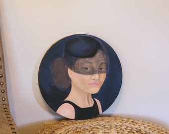 Woman in veil- Oil Painting, Portrait, 12"x12" round canvas