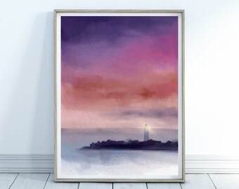 Tramonto in acquerello, stampa oceano rosa, tramonto in spiaggia, tramonto rosa e viola, stampa moderna, decorazione da parete per camera da letto, decorazione tramonto per dormitorio