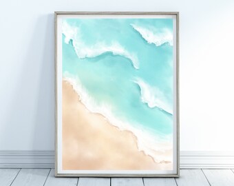 Stampa acquerello spiaggia, decorazione per casa al mare, poster di pittura costiera, download digitale stampabile, arte per camera da letto, arte per casa al mare e oceano