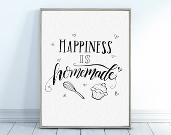 May include: A white framed print with black text that reads "Happiness is homemade" with a cupcake and whisk illustration.