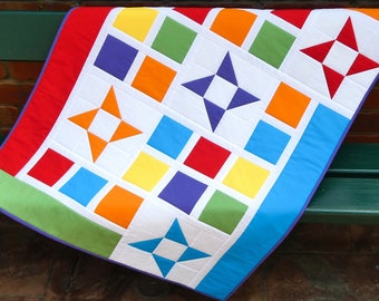 Star Baby Quilt PDF Pattern in Brightly Coloured Solid Fabrics Suitable for the Beginner Quilter, Instant Download, Baby Quilt Size