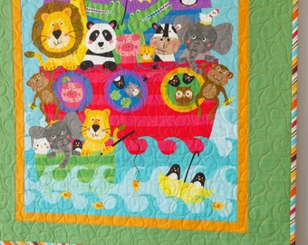 Noah's Arc Baby Quilt, Adorable Animal Panel Nursery Blanket, Handmade