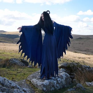 cotton witch dress Vixiana – Midnight Stretch Cotton, Ravenwing Sleeves, Elven Goth Raggedy Gown Womens Dresses & Jumpsuits Color:BLUE REVIVAL Dakota Johnson Wears a Christmas dresses sleeved and collared Victorian