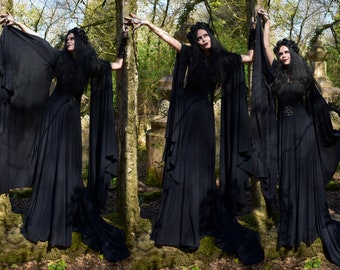 Fae of the Fallen Gown - cotton elven goth witch medieval aurthurian hooded dress by Moonmaiden Gothic Clothing - All Sizes