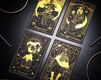 Black Tarot Deck With Downloadable Guide Book - 78 Tarot Cards - Black and Gold Foil - Indie Artist -Celestial Angel Cosmic Witch Divination