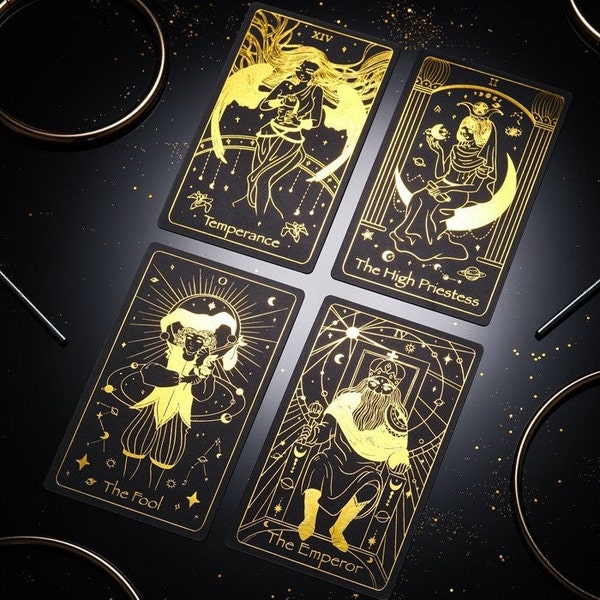 Black Tarot Deck With Downloadable Guide Book - 78 Tarot Cards - Black and Gold Foil - Indie Artist -Celestial Angel Cosmic Witch Divination