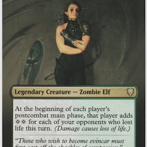 May include: A black and green Magic: The Gathering card featuring a female zombie elf with a quote about compassion. The card is titled "Belbe, Corrupted Observer" and has a power and toughness of 2/2.