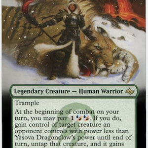 May include: A green, white and black Magic: The Gathering card featuring Yasova Dragonclaw, a legendary human warrior creature with a 4/2 power and toughness. The card has the ability to gain control of a creature with power less than Yasova Dragonclaw's power until the end of the turn.