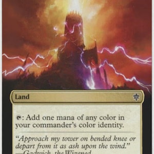 May include: A Magic: The Gathering card depicting a tall, stone tower with lightning bolts striking it. The card is titled "Command Tower" and has the text "Land" and ": Add one mana of any color in your commander's color identity." The card also includes a quote from Gadwick, the Wizened: "Approach my tower on bended knee or depart from it as ash upon the wind."