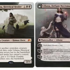 Może przedstawiać: Dwie karty Magic: The Gathering przedstawiające Liliana, Herezjarską Uzdrawiaczkę i Liliana, Defiant Necromancer. Karty są czarno-białe z zielono-szarym tłem. Karty przedstawiają ilustracje Liliany w różnych etapach jej życia.