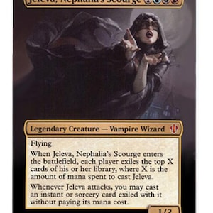 May include: A rectangular trading card titled Jeleva, Nephalia's Scourge, featuring a dark-robed figure with outstretched hands against a moonlit background. The card text identifies it as a Legendary Creature Vampire Wizard with 1/3 stats.