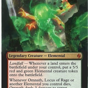 May include: A green and red elemental creature card from the Magic: The Gathering trading card game. The card is called "Omnath, Locus of Rage" and has a landfall ability. The card has a power of 5 and a toughness of 5.