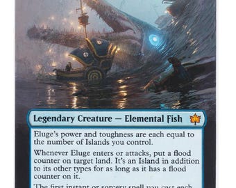 May include: A Magic: The Gathering card titled "Eluge, the Shoreless Sea." The card features a blue and white illustration of a large, fish-like creature emerging from the water, with a small boat in the foreground. Text on the card describes its abilities.