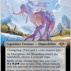 May include: Morophon, the Boundless, a purple and blue creature card with a 6/6 power and toughness. The card text reads "Changeling (This card is every creature type.) As Morophon, the Boundless enters the battlefield, choose a creature type. Spells of the chosen type you cast cost * less to cast. This effect reduces only the amount of colored mana you pay. Other creatures you control of the chosen type get +1/+1."