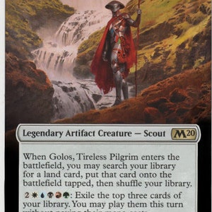 May include: A Magic: The Gathering card featuring Golos, Tireless Pilgrim, a legendary artifact creature with a 3/5 power and toughness. The card has a white background with a colorful illustration of a figure in a red cloak standing in a mountainous landscape. The card text reads "When Golos, Tireless Pilgrim enters the battlefield, you may search your library for a land card, put that card onto the battlefield tapped, then shuffle your library. 2*: Exile the top three cards of your library. You may play them this turn without paying their mana costs."