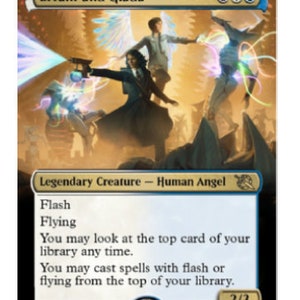 May include: A fantasy illustration of a white, blue, and gold card with the text "Errant and Giada" and "Legendary Creature - Human Angel". The card has a white background with blue and gold accents. The illustration depicts three figures, two of which are flying. The card has the text "Flash", "Flying", "You may look at the top card of your library any time.", "You may cast spells with flash or flying from the top of your library.", and "2/3".