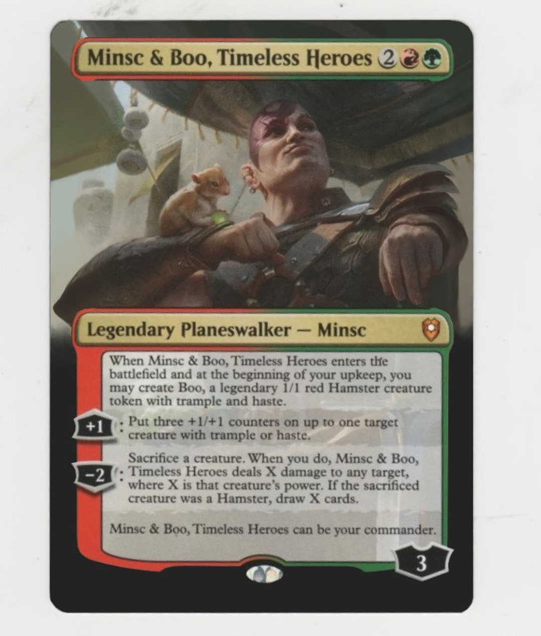 minsc mtg card EDH Magic Commander ***New Deck Tech: and Boo!!!*** Put three +1/+1 counters on up to one target creature with trample or haste.2 Minsc - MTG Wiki