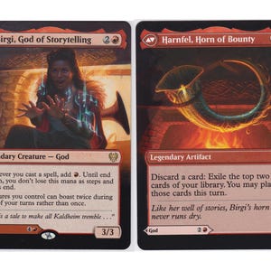Carta con arte modificado de Mtg Birgi, dios de la narración // Harnfel, cuerno de la abundancia