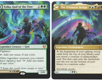 May include: Two Magic: The Gathering cards, Esika, God of the Tree and The Prismatic Bridge. Esika is a green, white, and blue legendary creature with a 1/4 power and toughness. The Prismatic Bridge is a multicolored legendary enchantment with a cost of 1 green, 1 white, 1 blue, 1 black, and 1 red mana.
