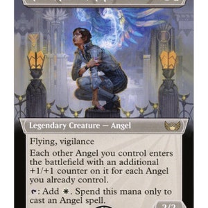 May include: A white bordered card with a blue and white illustration of a woman with wings. The card text reads "Giada, Font of Hope" and "Legendary Creature - Angel". The card has the following abilities: "Flying, vigilance", "Each other Angel you control enters the battlefield with an additional +1/+1 counter on it for each Angel you already control.", and ": Add . Spend this mana only to cast an Angel spell.". The card has a power and toughness of 2/2.