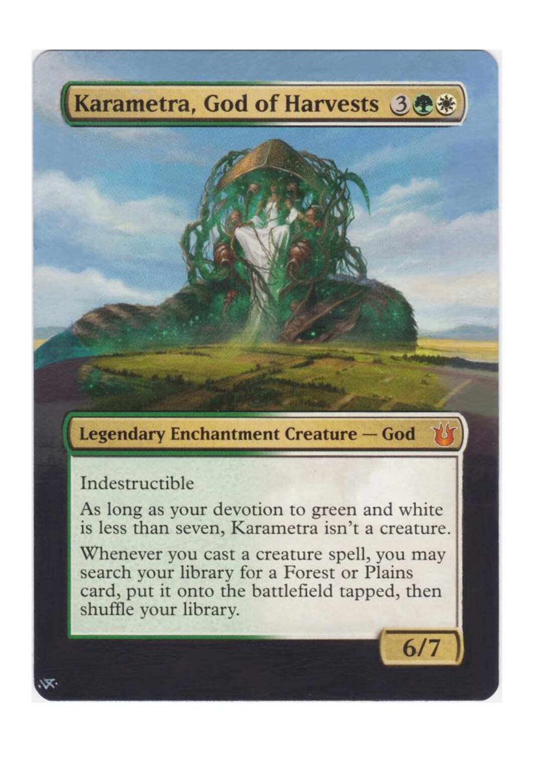 green white god card mtg Magic: the Gathering - Karametra, of Harvests (148/165) IndestructibleAs long as your devotion to white and blue is less than seven The 20 Best God Cards
