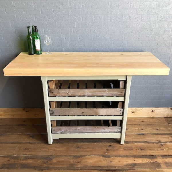 Breakfast Bar Island with Vintage Crates & Chunky Pine Worktop - Handmade - Rustic - Freestanding Furniture