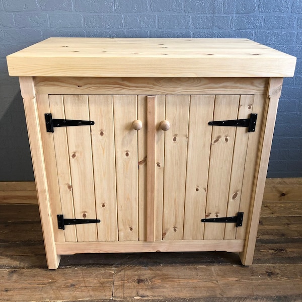 Rustic Freestanding Kitchen Cupboard with Chunky Pine Top - Handmade Storage Unit - Fully Waxed