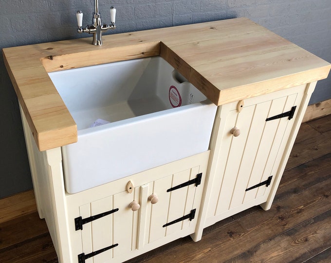 Freestanding Belfast Butler Sink Unit & Single Cupboard with Chunky Pine Top - Handmade Rustic Kitchen Cabinets