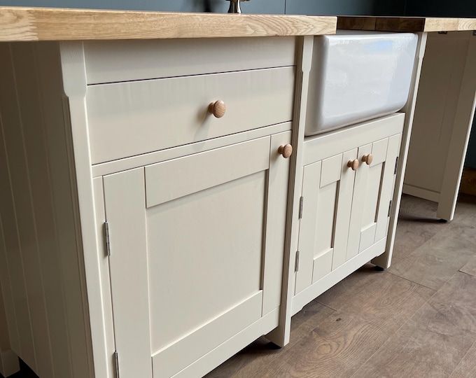 Handmade Belfast Sink Unit: Solid Oak Top, Shaker Doors, Appliance Spaces